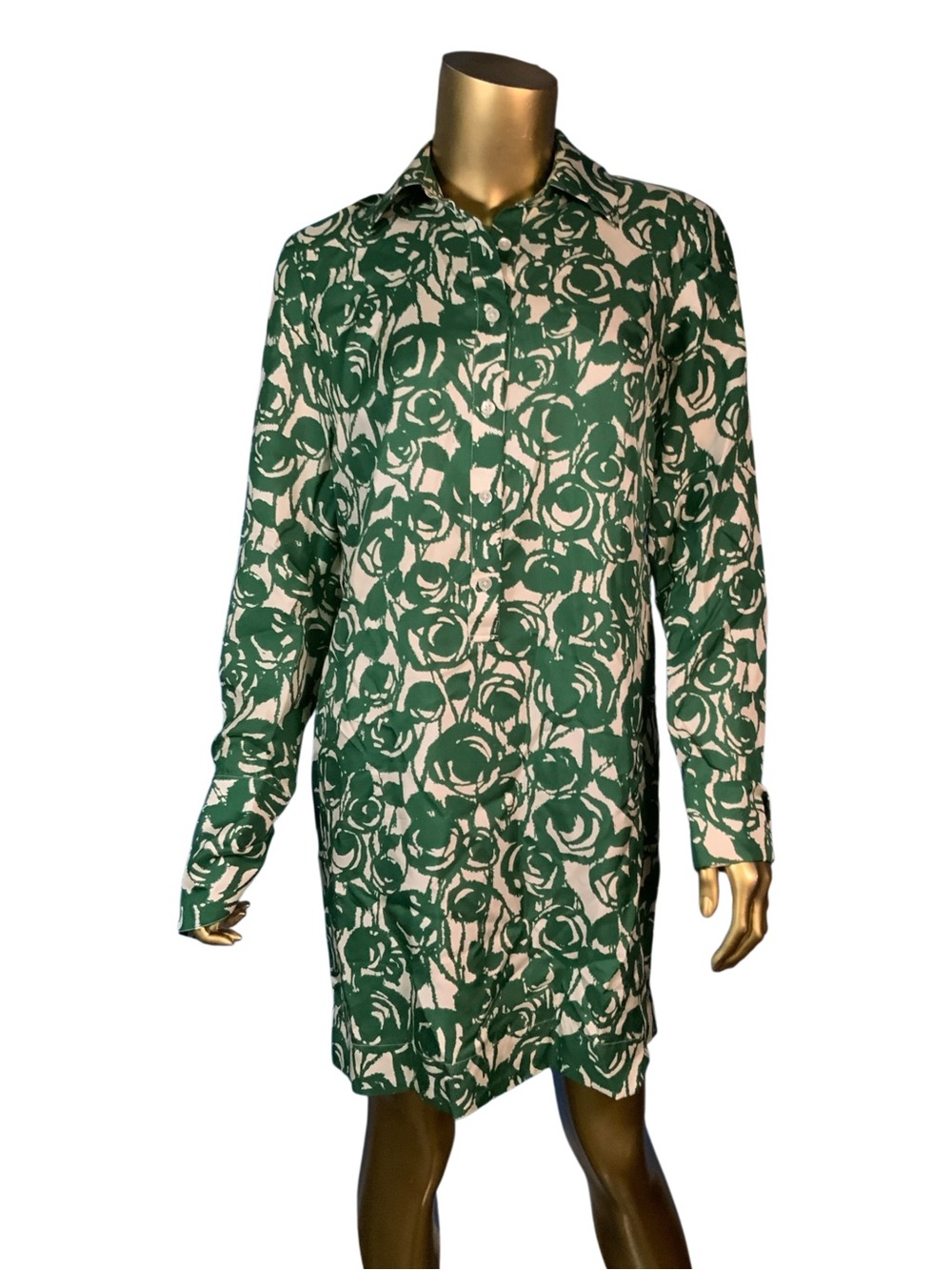 Banana Republic Green & White Abstract Floral Button-Up Shirt Dress